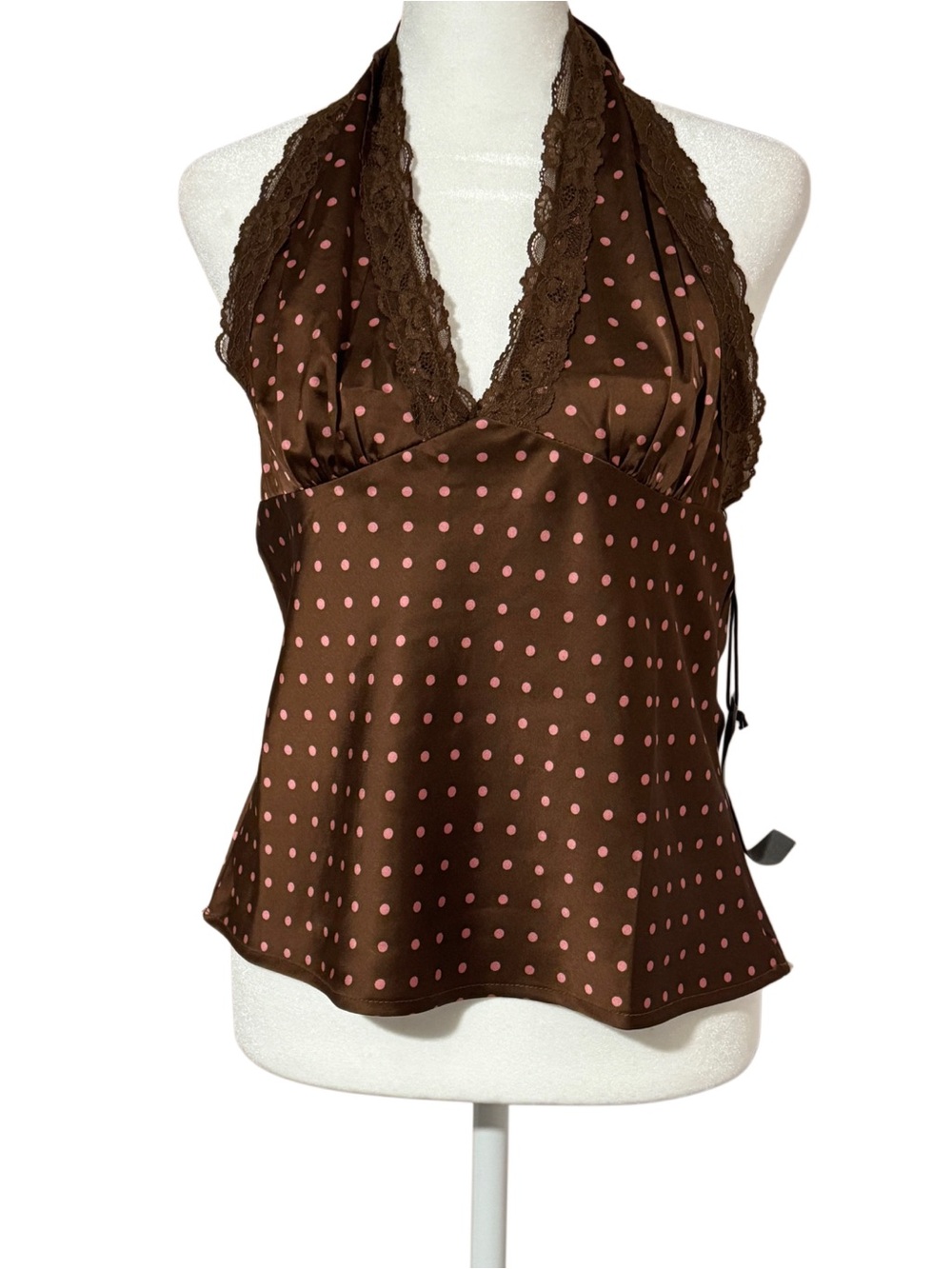 NWT Sans Souci Brown Pink Polka Dot Lace Halter Top M